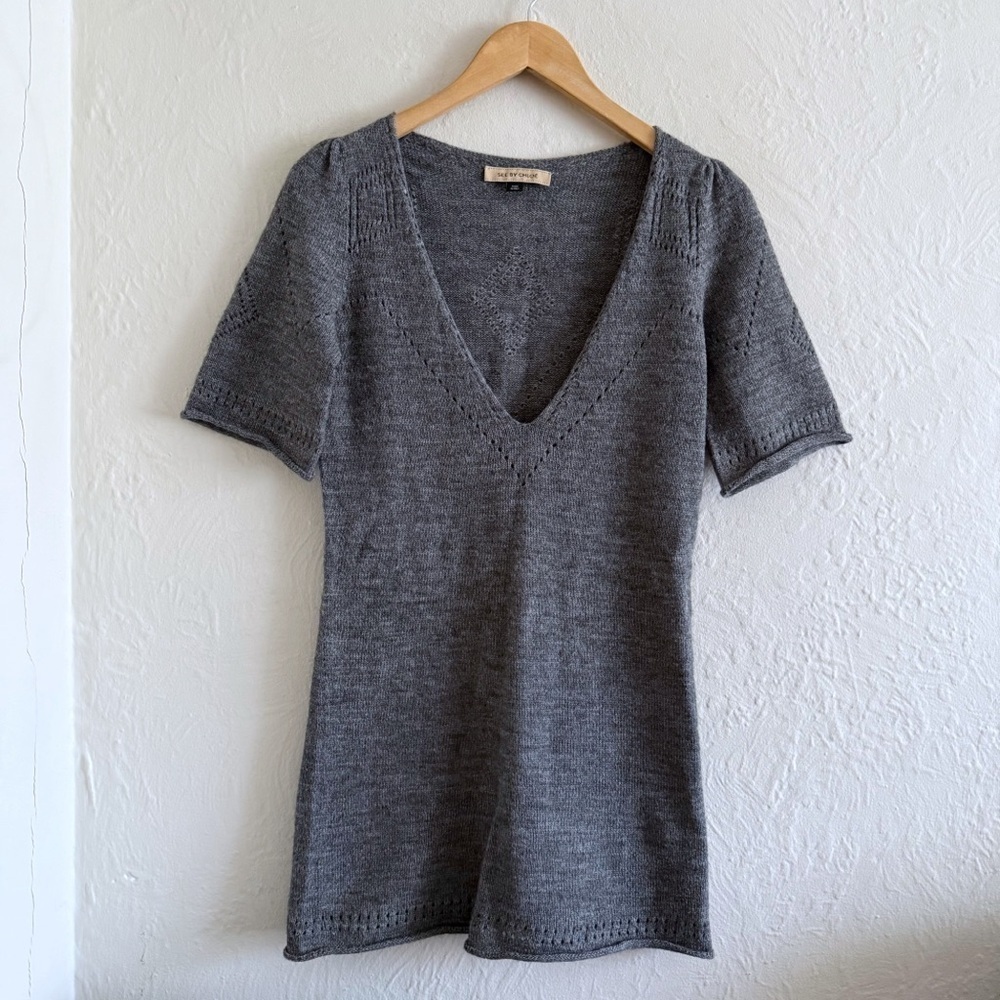See By Chloé Gray Wool V-Neck Knit Sweater Dress Size 2